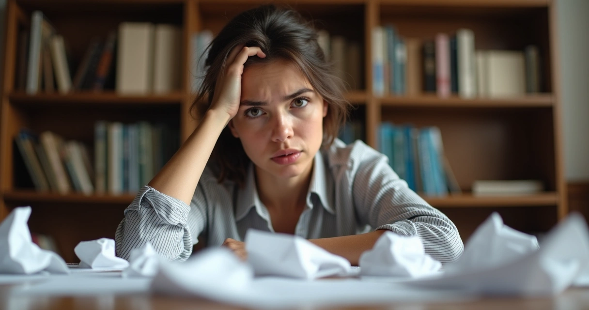 Pessoa sentada à mesa com papéis amassados, cabeça apoiada na mão, expressando frustração 