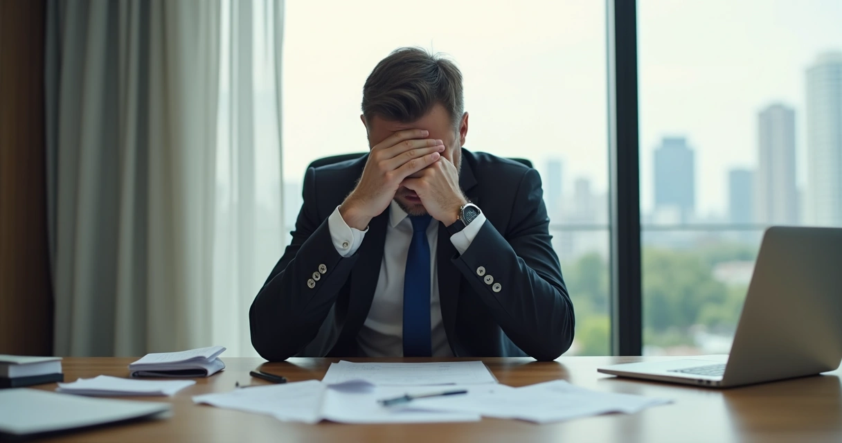 Executivo sentando-se à mesa, cabeça baixa, mãos nos olhos, documentos espalhados 