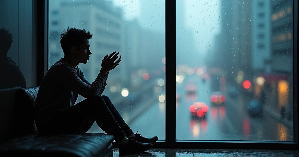 Pessoa olhando pela janela em um dia chuvoso. 