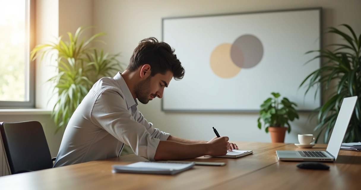 Profissional sentado refletindo com expressão serena em escritório organizado 