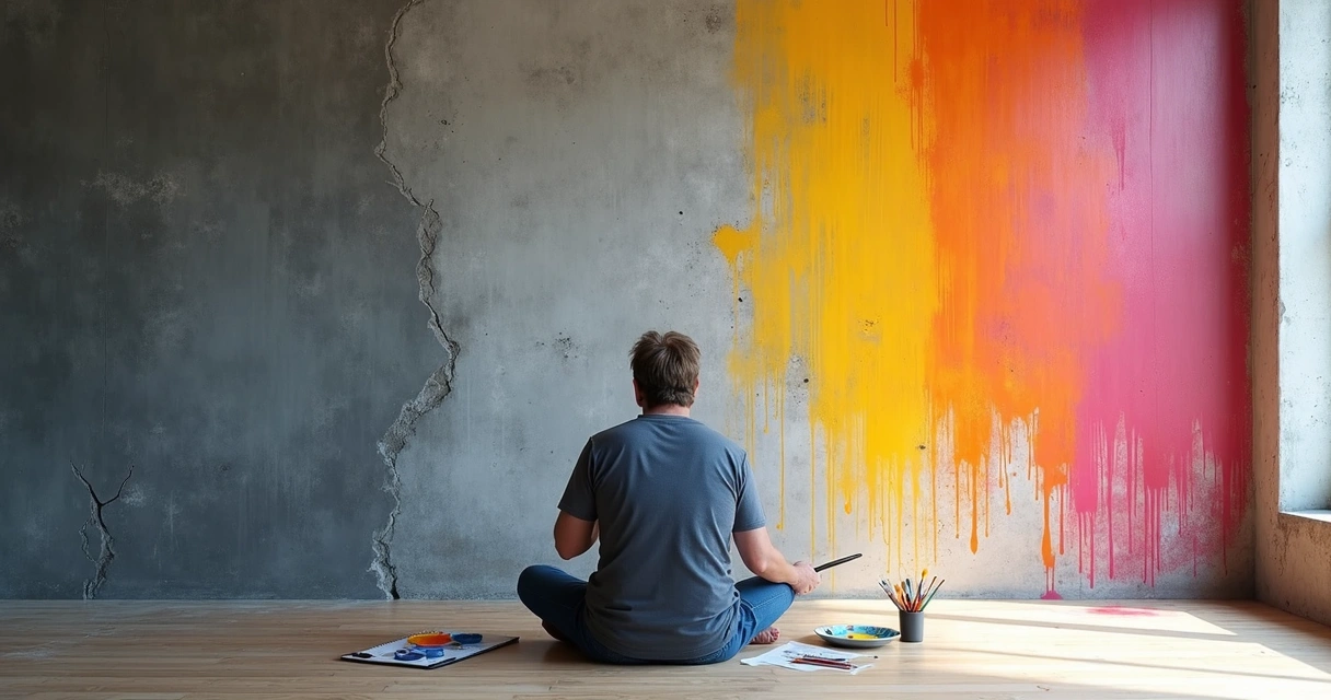 Persona transforma una pared agrietada en un mural colorido con pinceladas de luz 