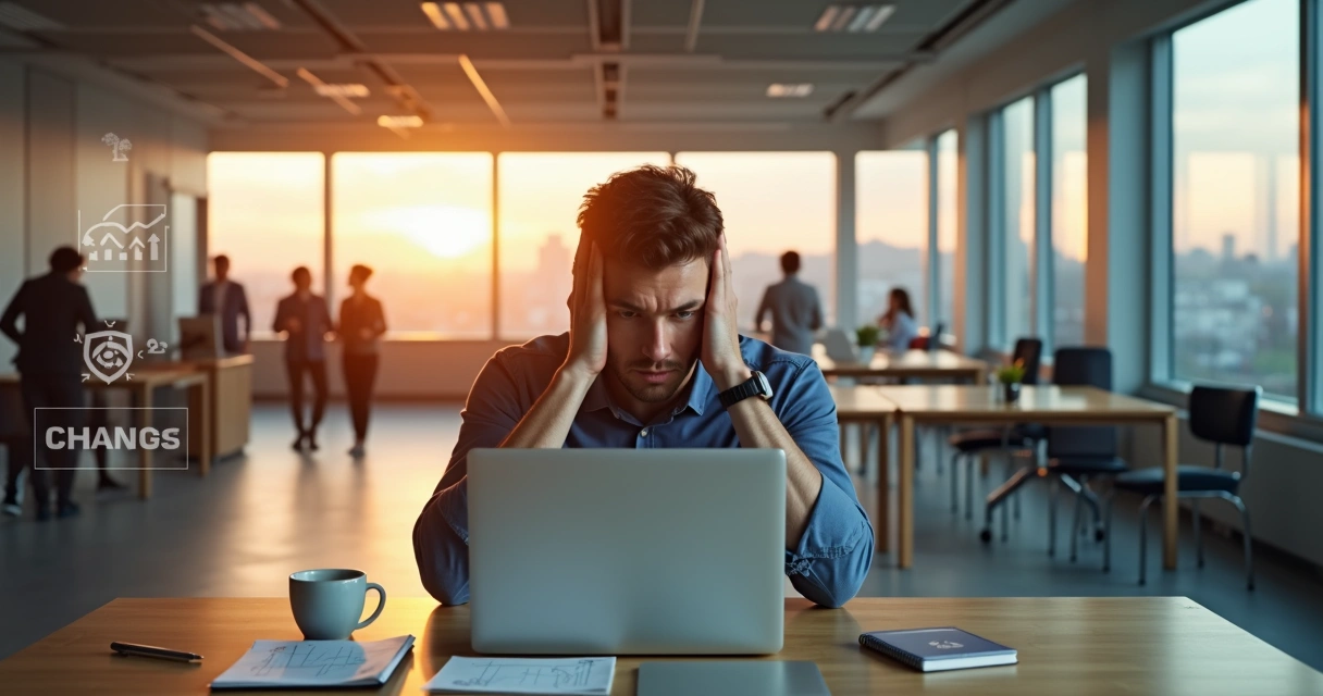 Profesional pensativo frente a escritorio con símbolos de cambio laboral 