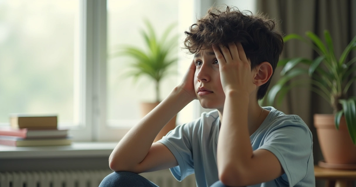 Persona mirando al horizonte sentada en interior luminoso, con expresión de frustración