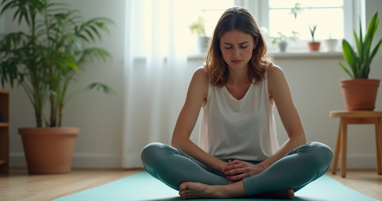 Person seated cross-legged, looking frustrated during meditation. 