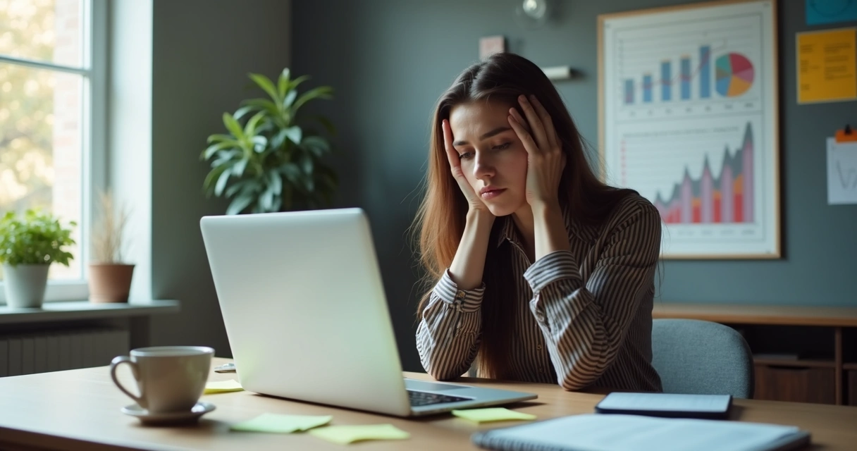 Frustrated woman sitting at desk working on laptop surrounded by notes and coffee cup 