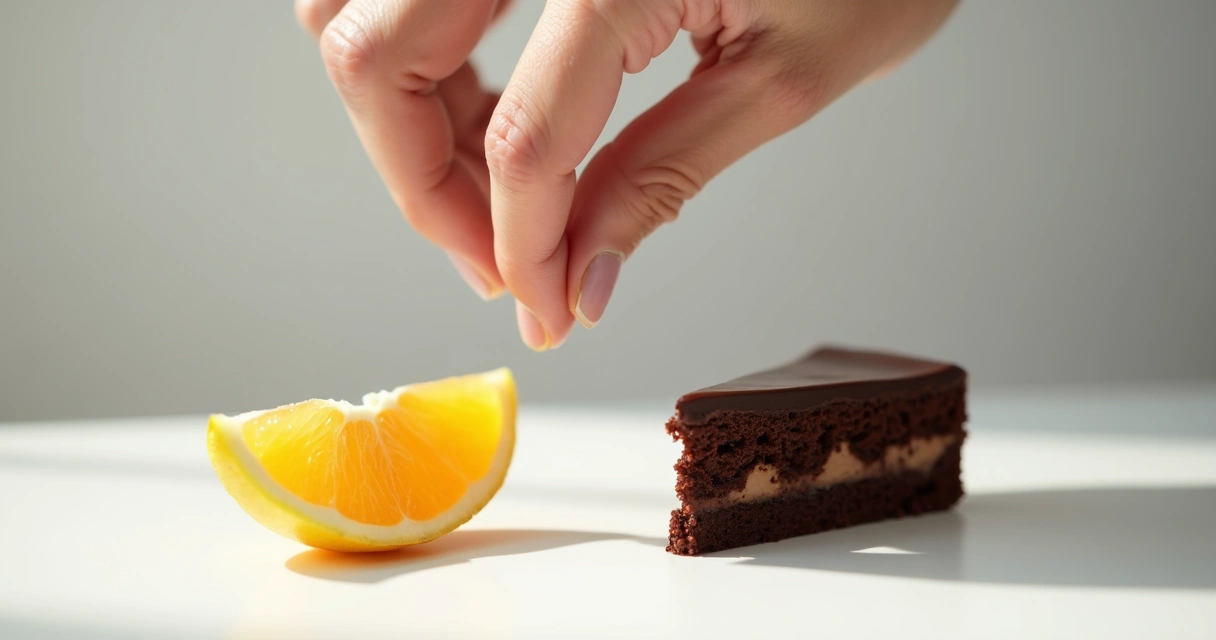 Pessoa escolhendo entre uma fruta e um bolo 