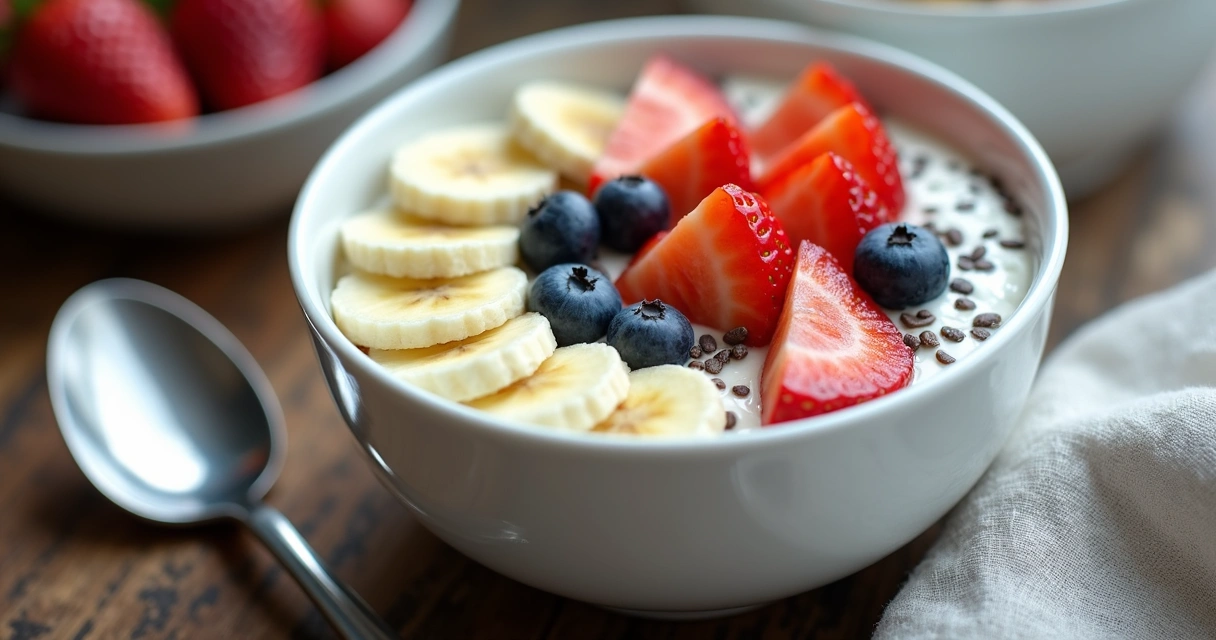 Iogurte natural com frutas e chia em tigela branca 