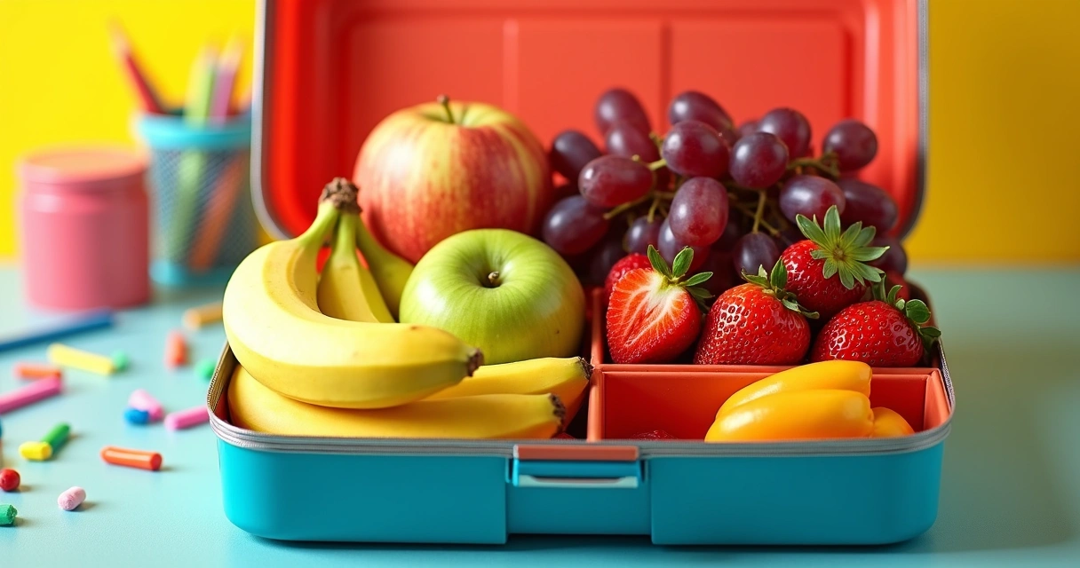 Frutas variadas organizadas dentro de uma lancheira aberta e colorida. 