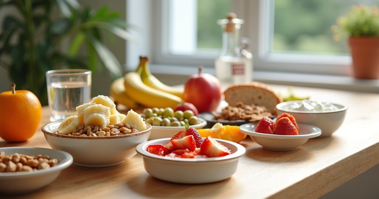 Frutas e lanches saudáveis organizados em tigelas na mesa 