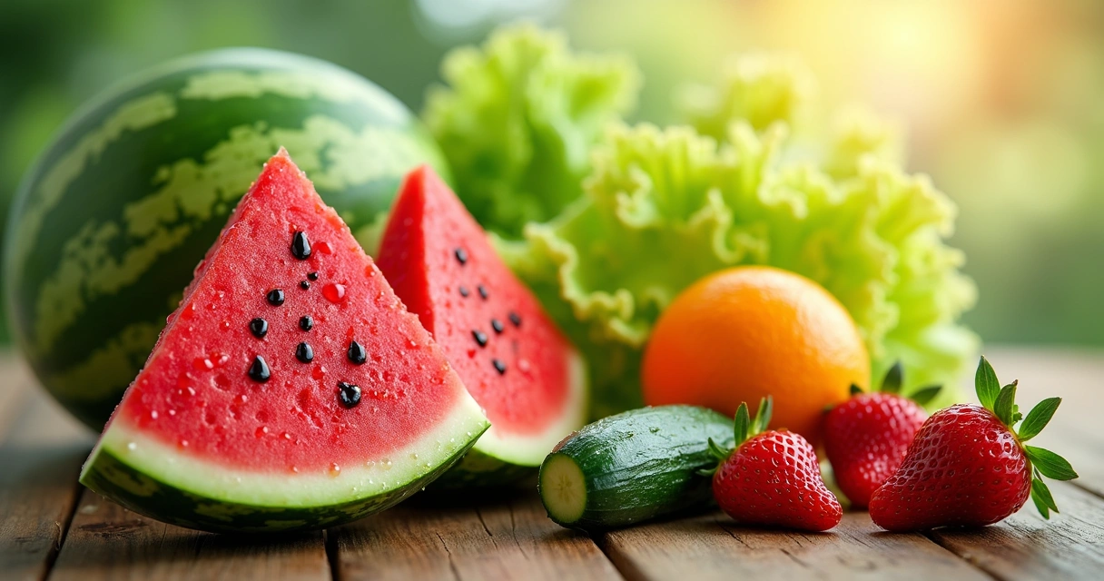 Frutas e legumes frescos variados em uma mesa de madeira 