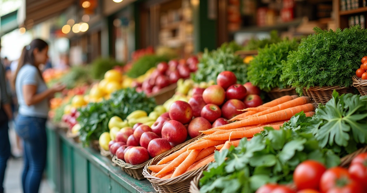 Frutas e verduras frescas em banca de supermercado 