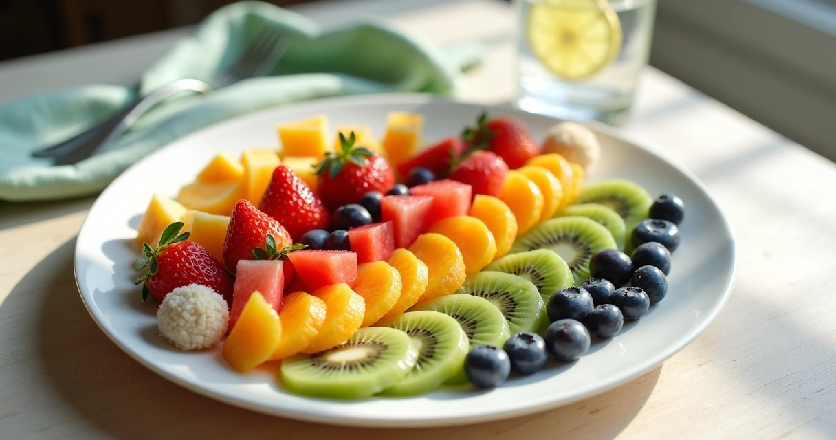 Prato branco com frutas coloridas de baixa caloria arrumadas em formato de cintura fina 