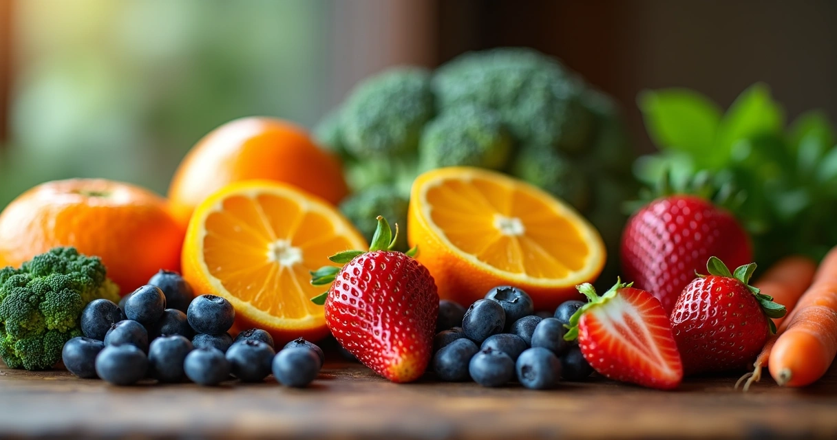 Frutas e vegetais variados cortados em uma mesa de madeira 