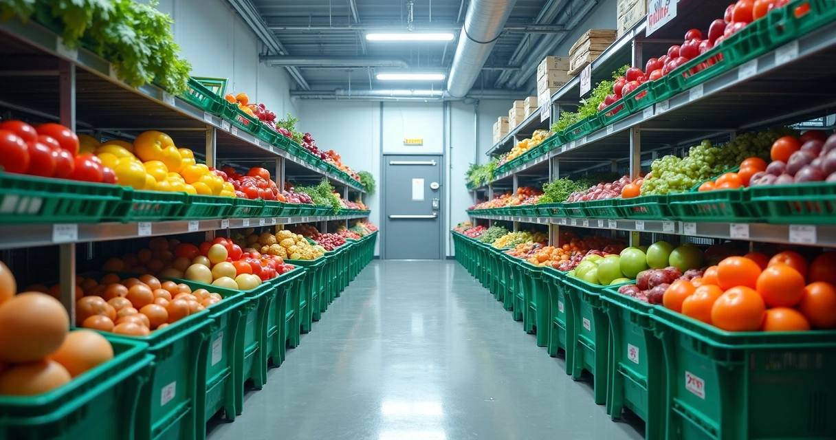 Frutas e legumes organizados em caixas dentro de câmara fria 