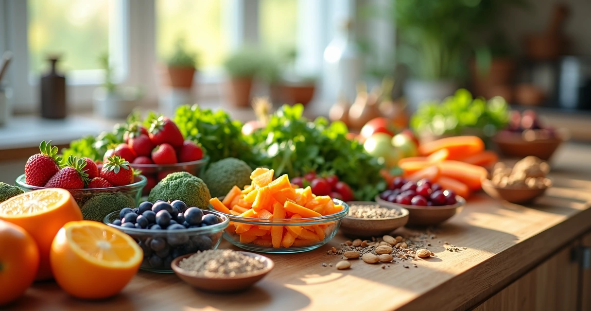 Frutas, legumes e sementes frescas em bancada de cozinha 