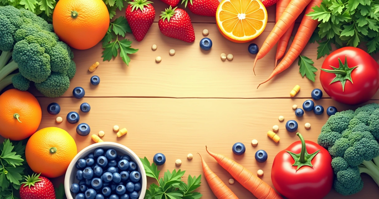 Frutas e legumes variados com cores vivas sobre mesa de madeira 