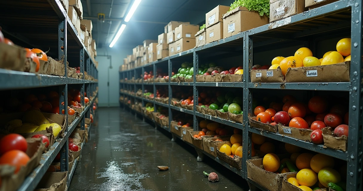 Frutas e legumes estragados em prateleira 