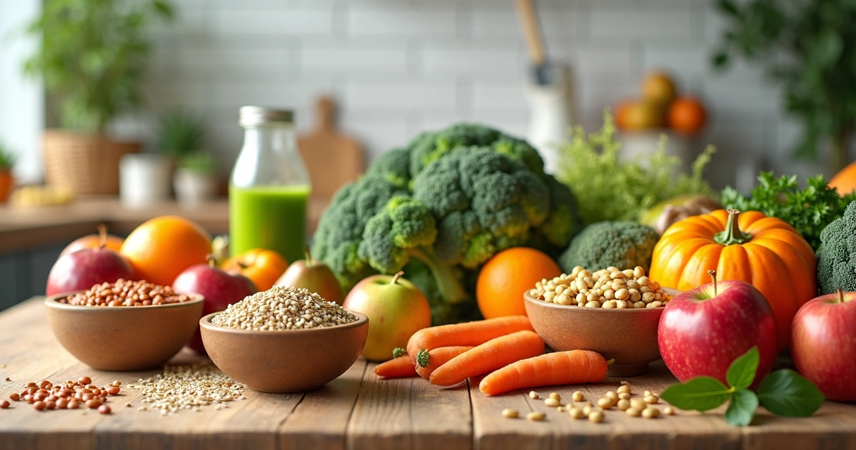 Variedade de frutas e legumes ricos em fibras em uma bancada 