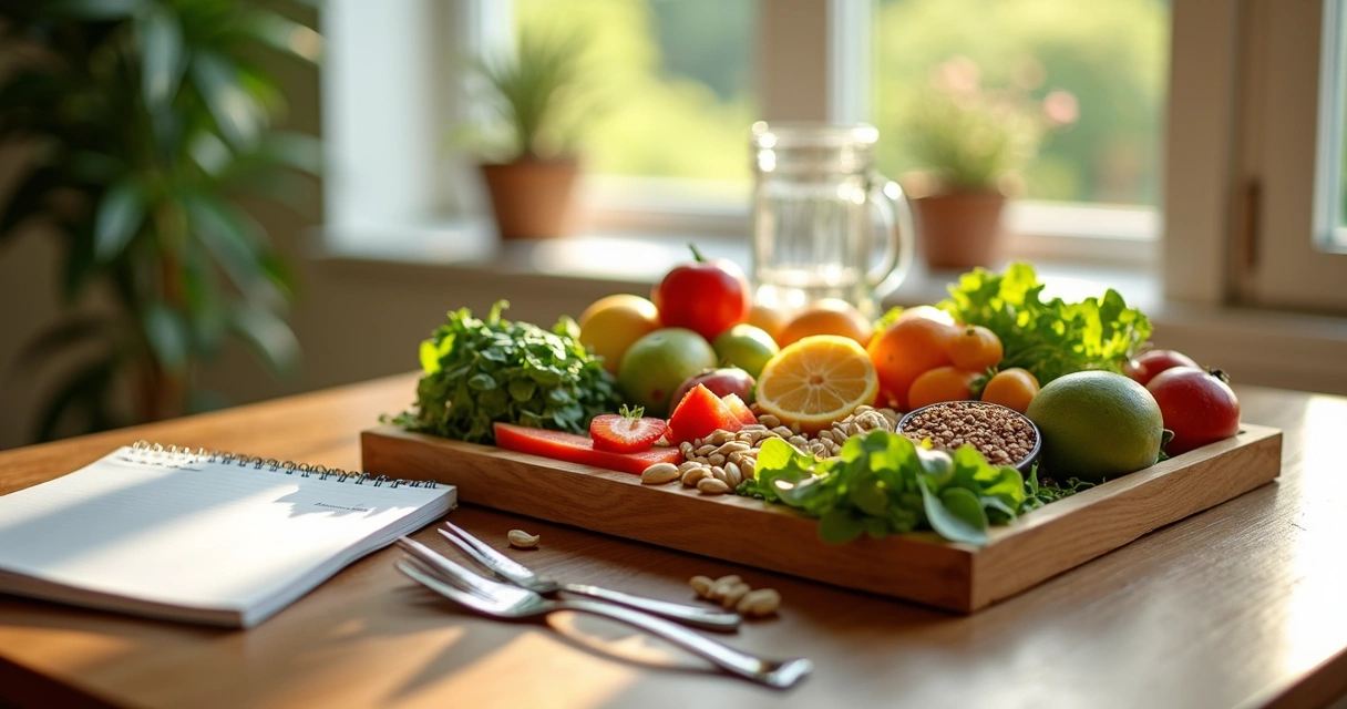Bandeja com frutas, legumes e folhas variadas para menopausa