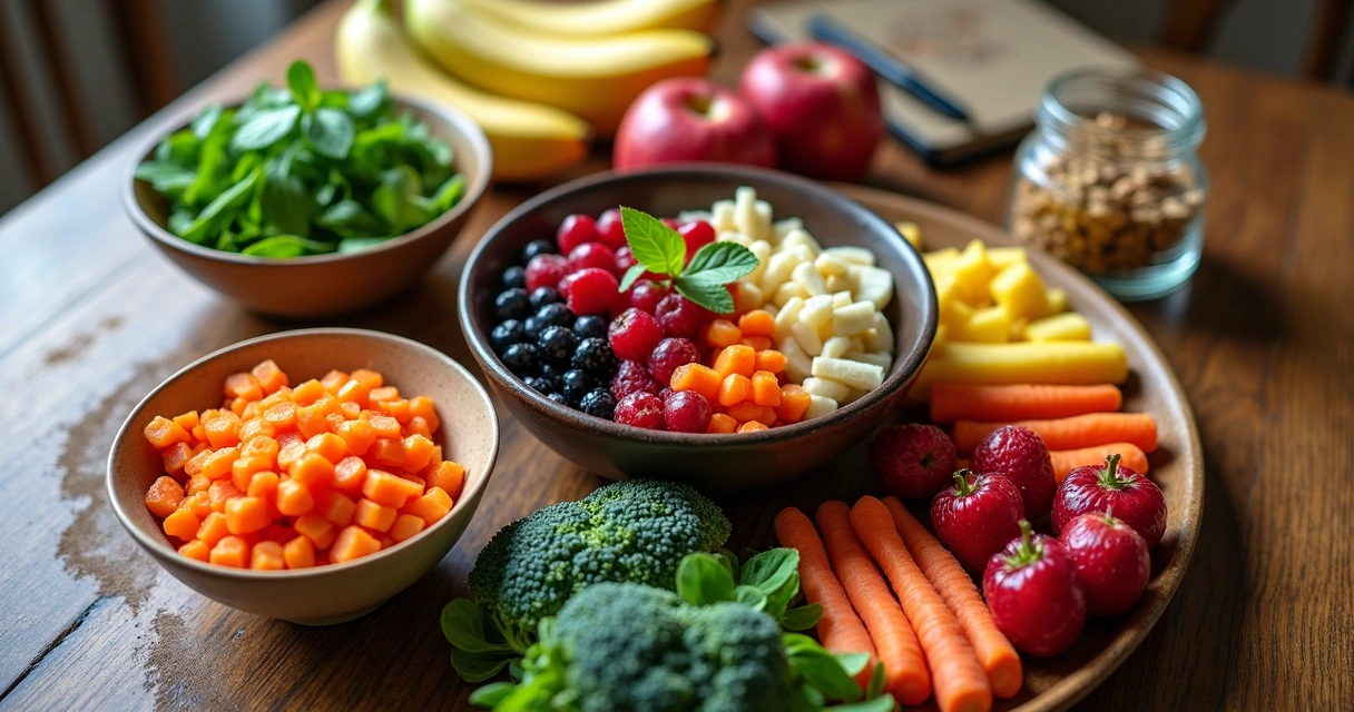 Mesa com frutas frescas e vegetais prontos para consumo 