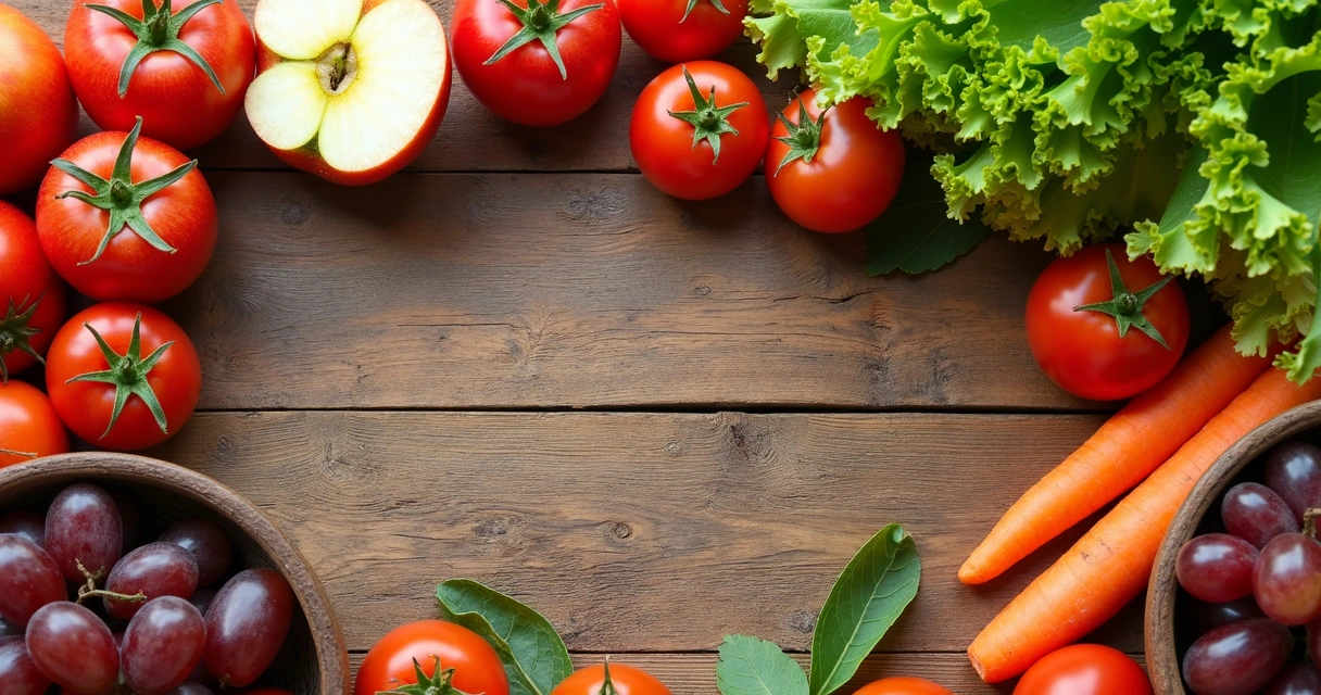 Diversas frutas e legumes repartidos em porções sobre mesa de madeira 