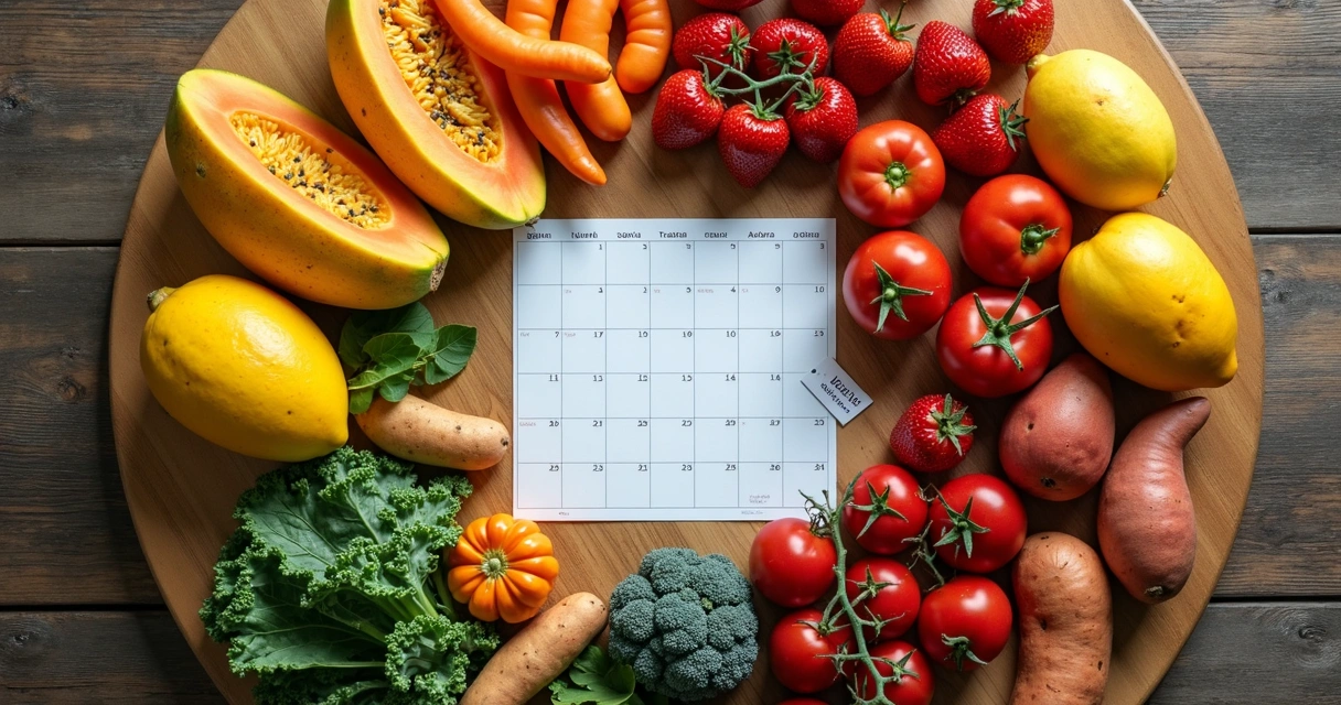 Variedade de frutas e legumes sazonais dispostos em círculo ao redor de um calendário mensal 