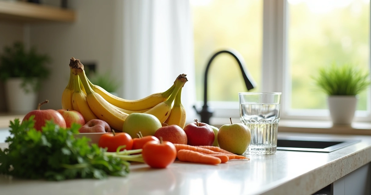 Frutas e verduras frescas organizadas em bancada de cozinha 
