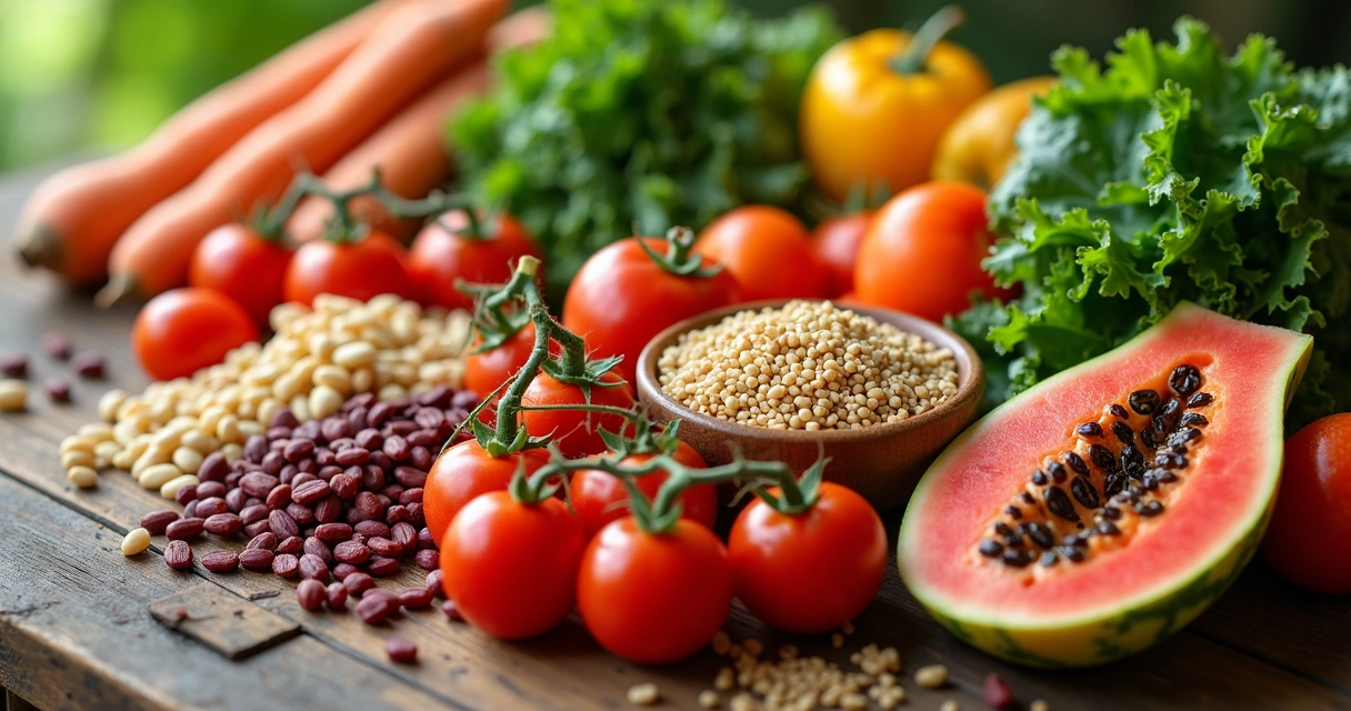 Frutas, verduras e legumes frescos junto a grãos integrais