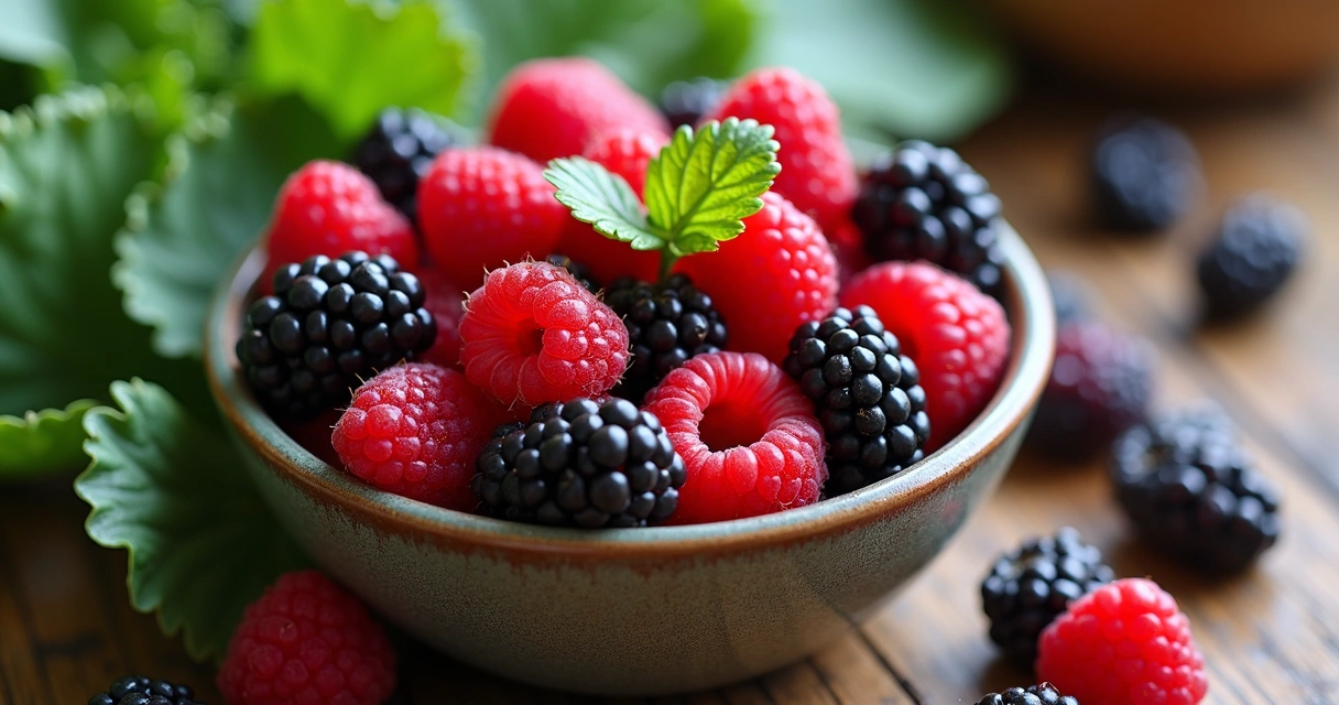 Frutas vermelhas frescas e folhas de couve em tigelas