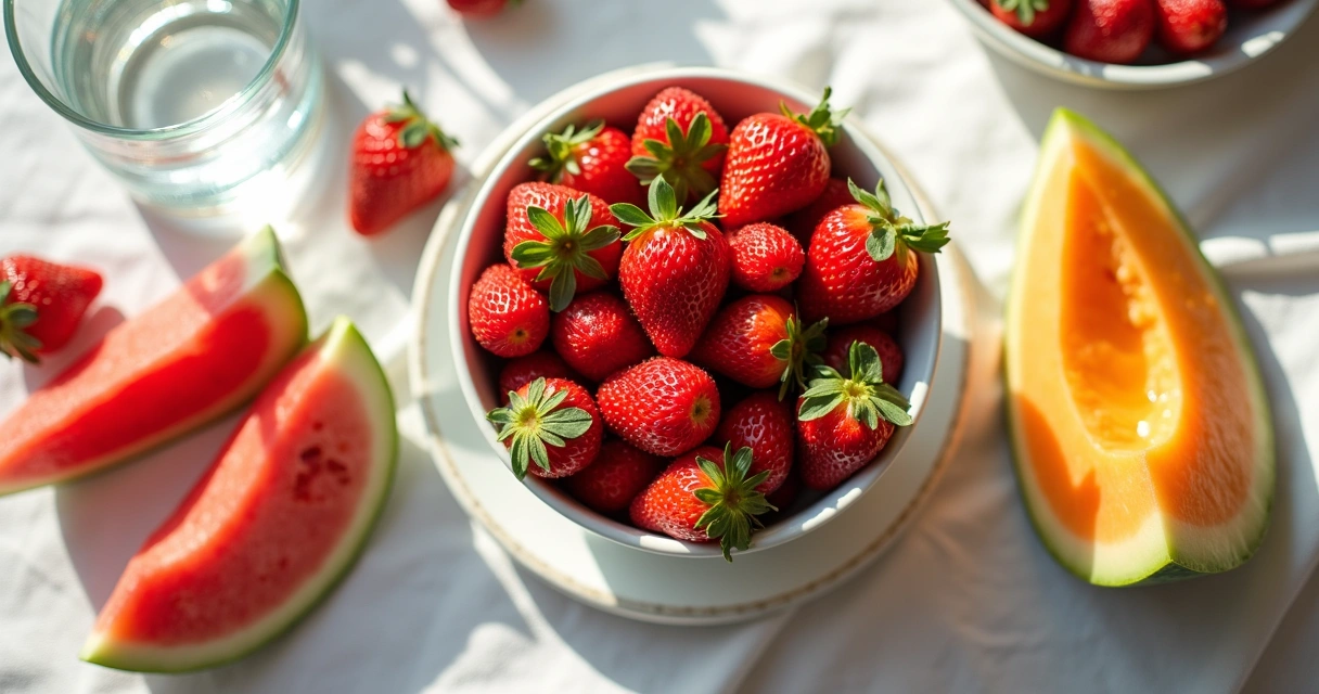 Variedade de frutas como morango, melancia e melão dispostas sobre mesa 