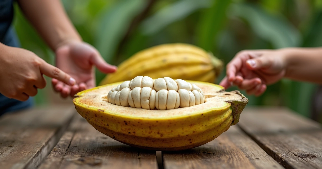 Fruto de cacau aberto com sementes brancas sobre mesa de madeira 