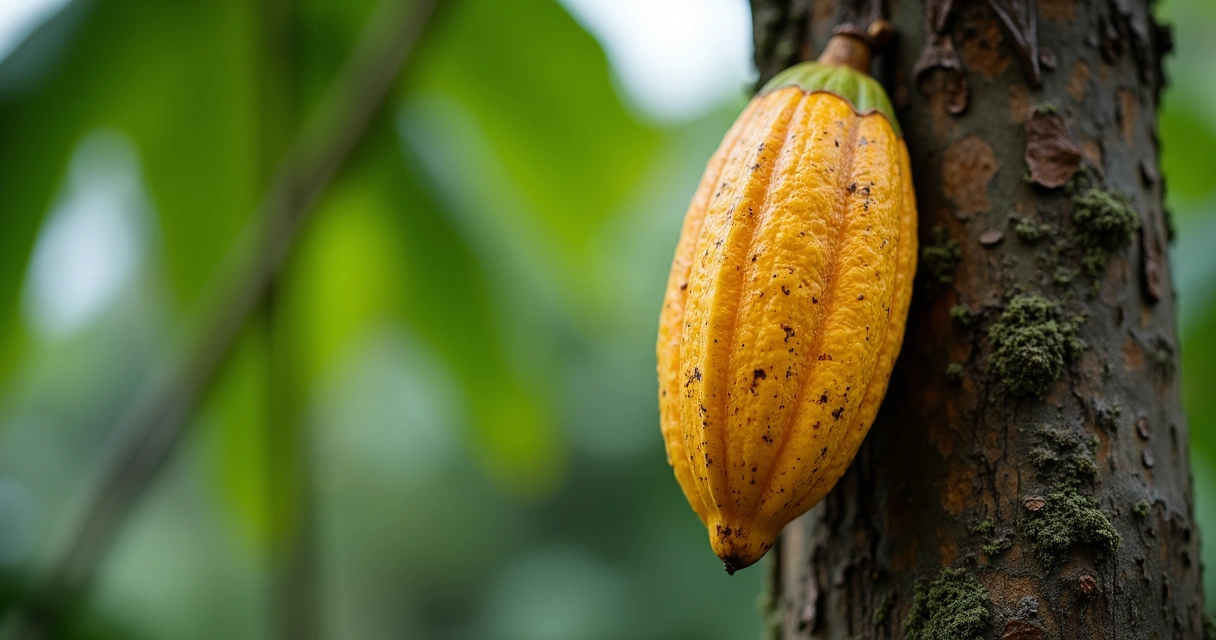 Fruto de cacau maduro preso ao tronco com folhas ao fundo
