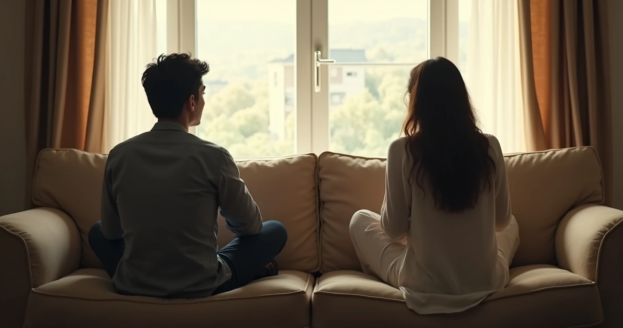 Duas pessoas sentadas em lados opostos de um sofá olhando para direções diferentes