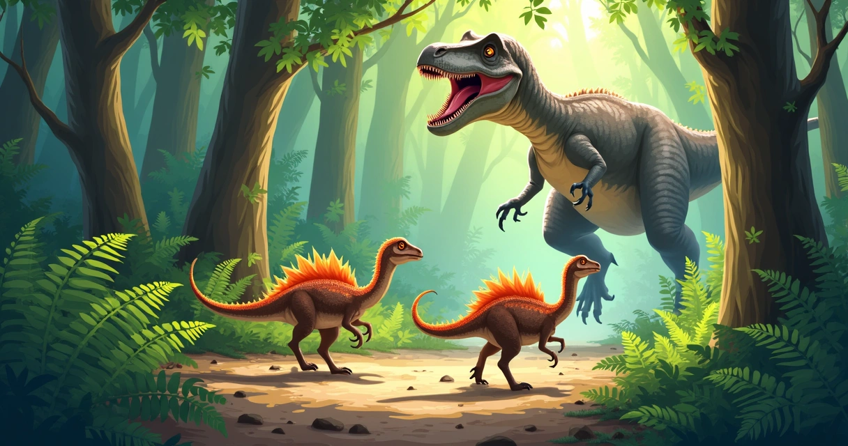 Dinossauros correndo entre árvores para escapar de predador 