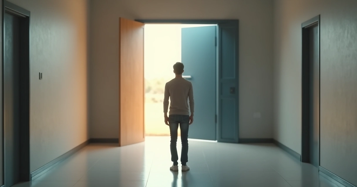 Pessoa parada diante de duas portas simbolizando decisão e fuga emocional 