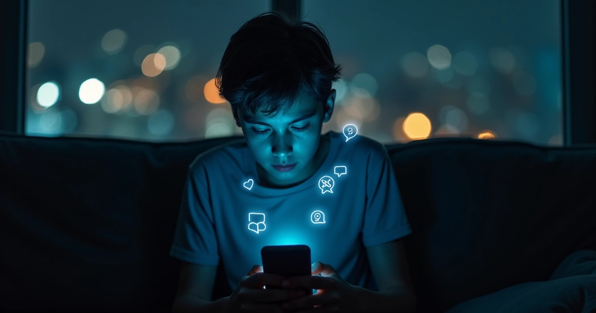 Pessoa olhando para o celular isolada em ambiente escuro com ícones de redes sociais ao redor 