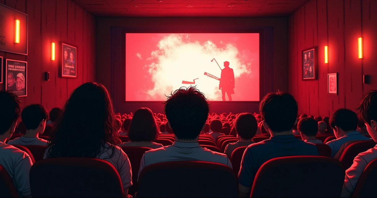 Pessoas assistem a um filme de terror no cinema, com cartazes de O Massacre da Serra Elétrica e Chainsaw Man ao fundo