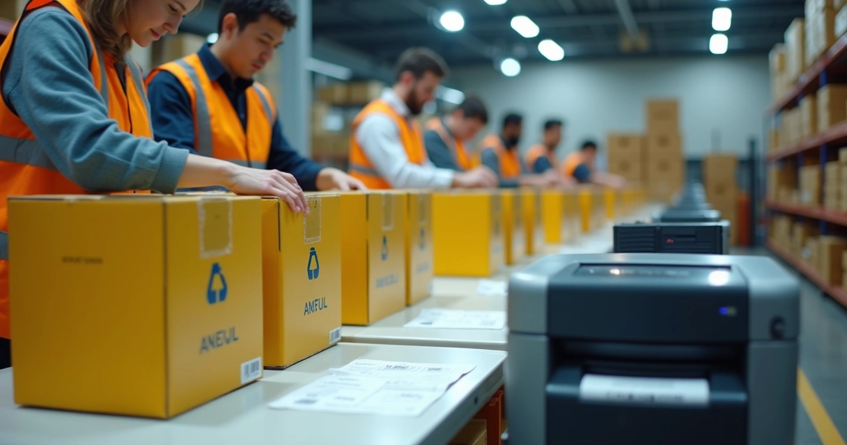 Operação de fulfillment com caixas e impressão de notas 