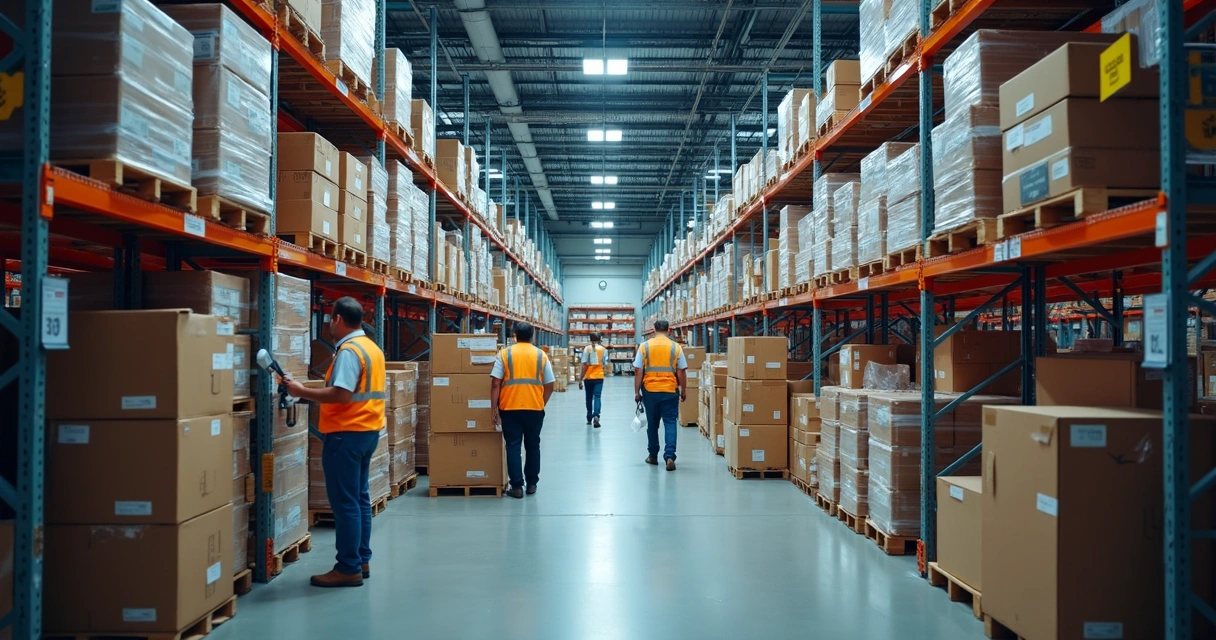 Centro de distribuição organizado com caixas e prateleiras digitais 