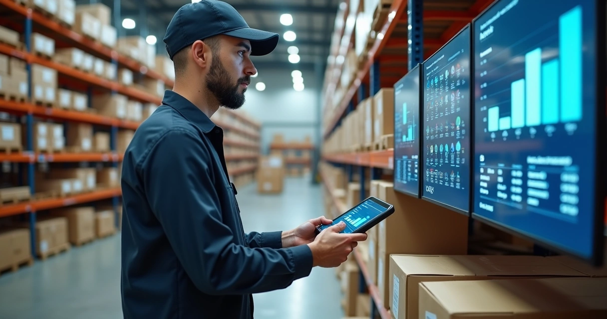 Funcionário conferindo estoque em centro logístico digitalizado
