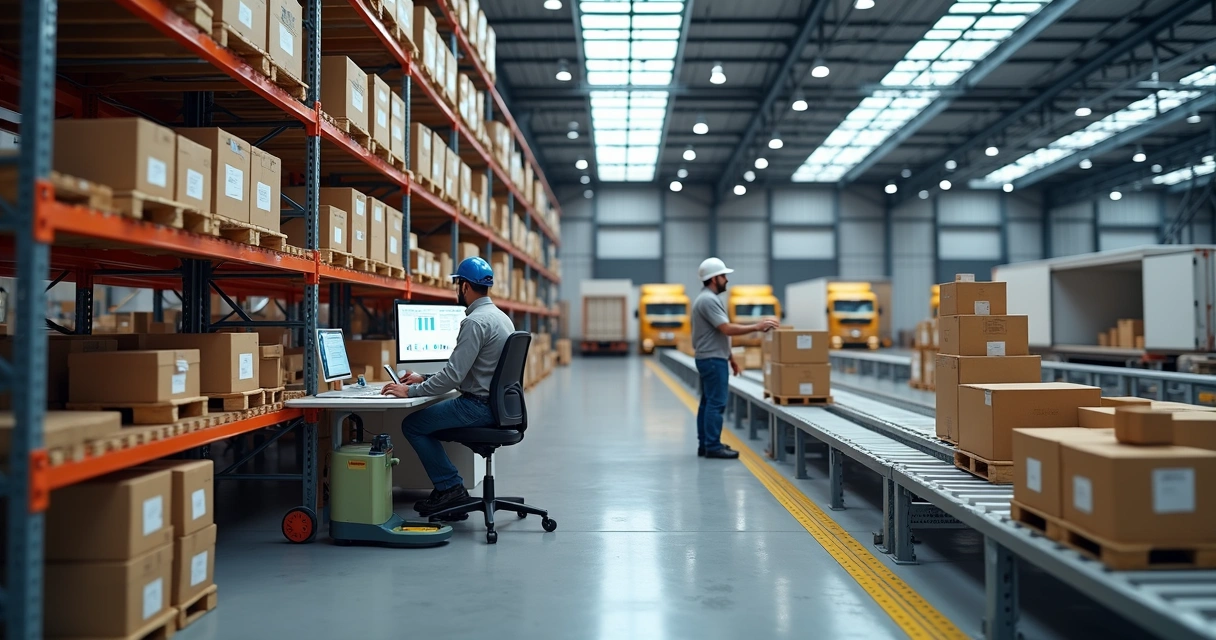 Centro de distribuição com esteiras automatizadas integrando estoque e logística de e-commerce 