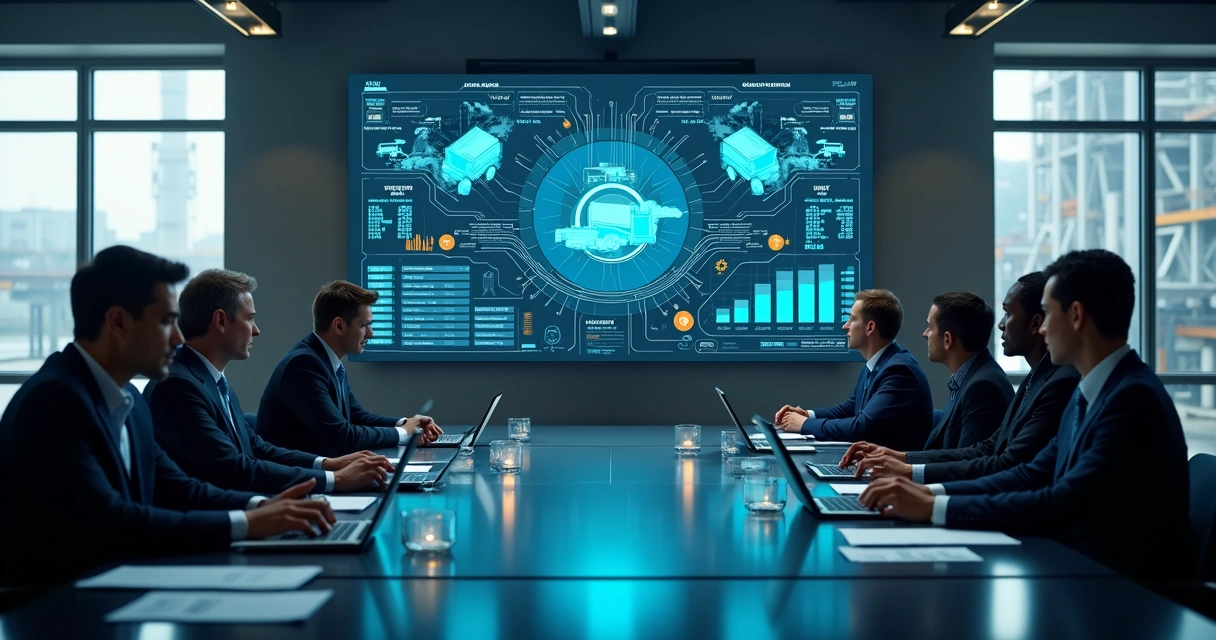 Executivos analisando painel digital de operações de full commerce 