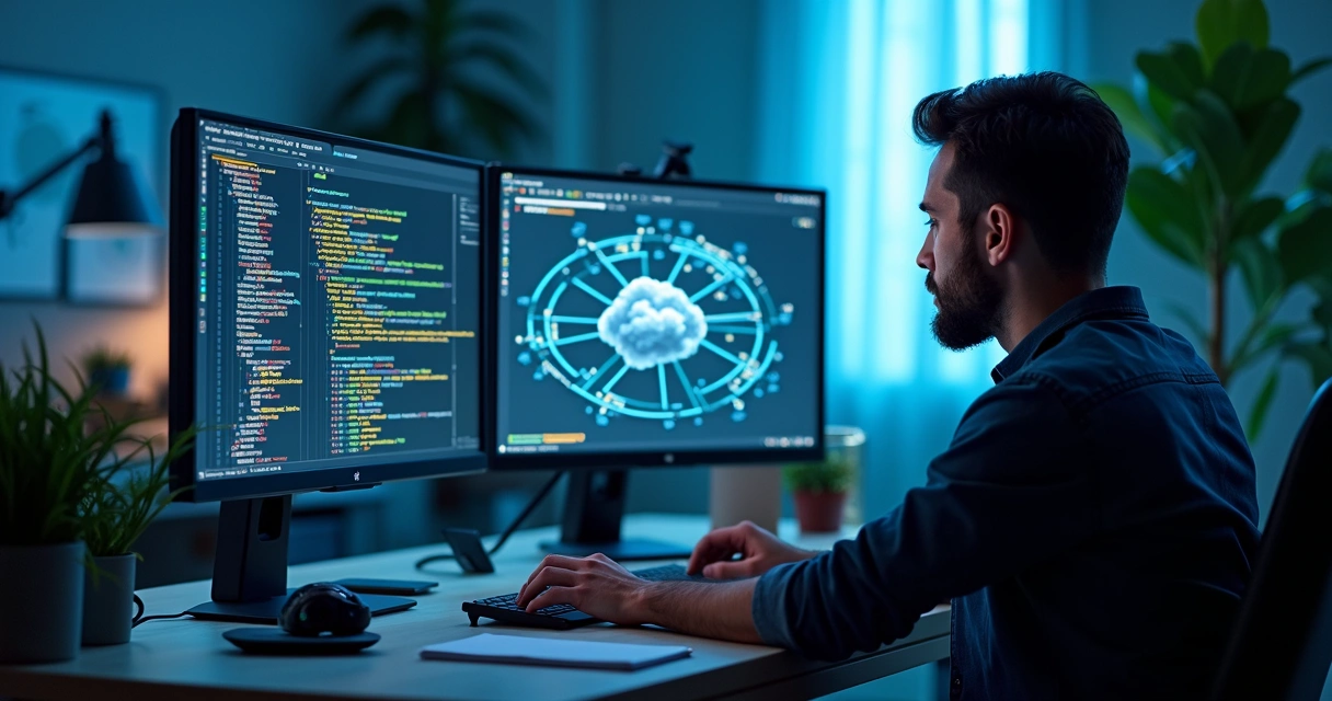 Modern developer workspace with dual monitors showing code and a server infrastructure diagram