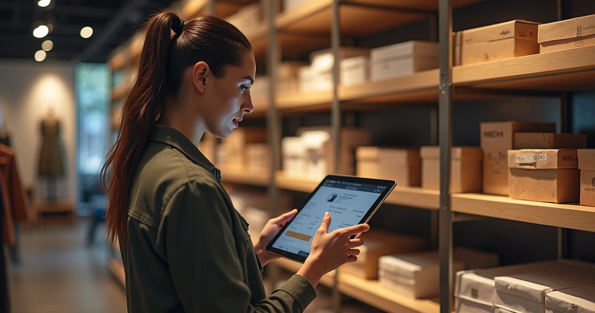 Especialista em moda usando tablet em frente a prateleiras, monitorando pedidos online para envio ao consumidor. 