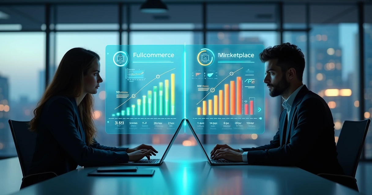 Comparação detalhada entre fullcommerce e marketplace mostrando gráficos digitais e ícones de e-commerce 