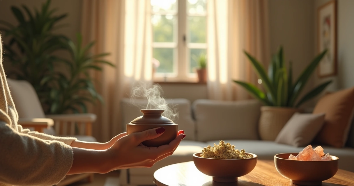 Fumaça de benjoim em pote de barro sendo espalhada por sala