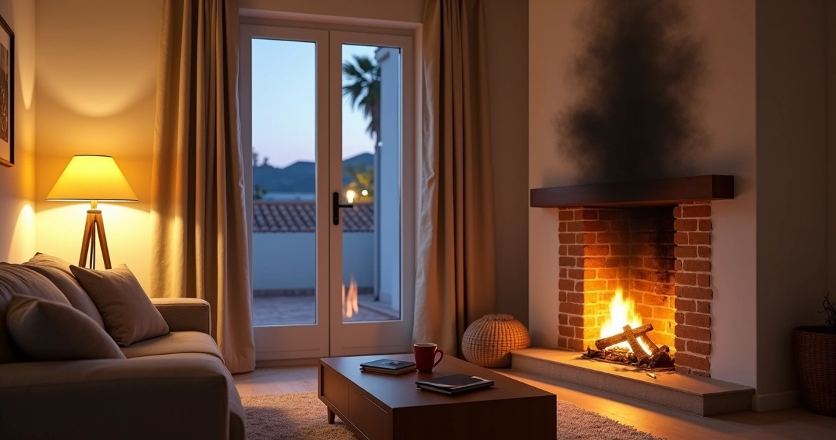 Sala de estar no Algarve com fumo a sair da lareira para o interior 