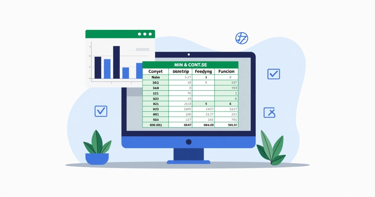 Ilustração corporativa de planilha Excel mostrando funções MIN e CONT.SE para cálculo de menor valor sem zeros 