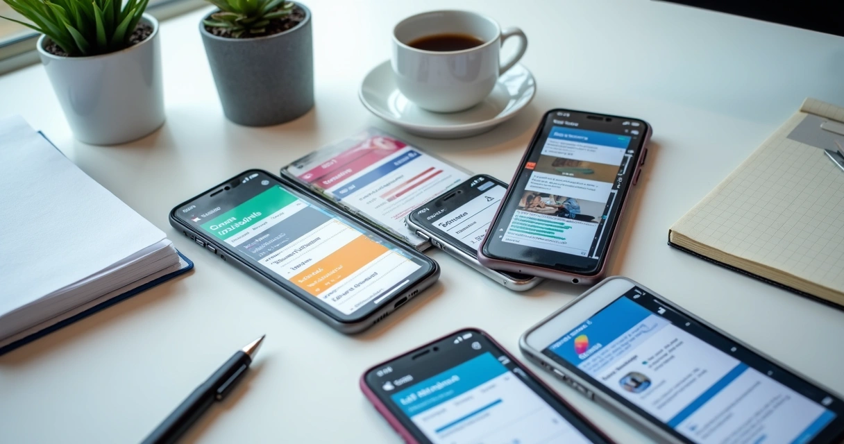 Interface de sistema de aprendizagem corporativo exibida em smartphones sobre mesa de trabalho 