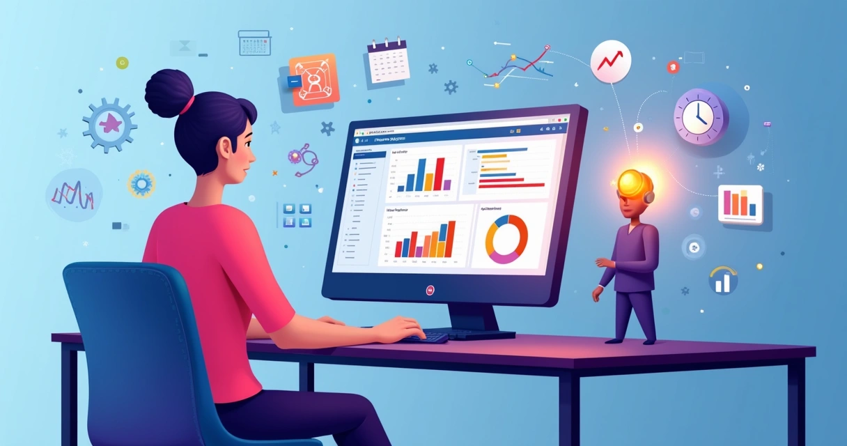 Pessoa usando computador com tela do Microsoft Project e assistente de inteligência artificial ao lado 